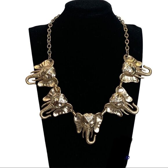 Elephant head gold tone crystal rhinestone chunky statement necklace